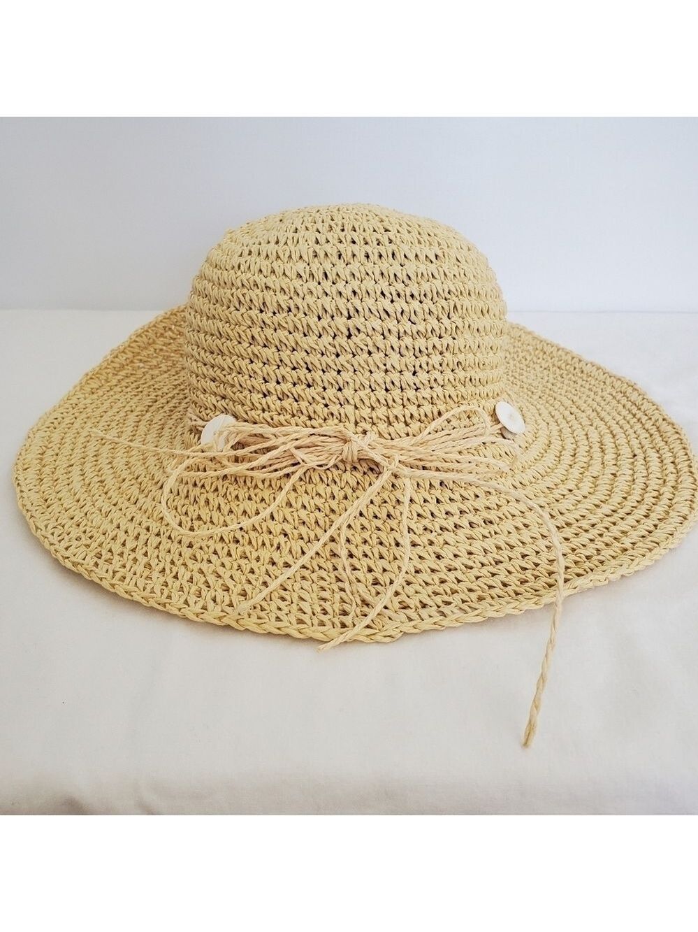 STRAND HEADWEAR WOMEN SUN HAT FLOPPY RAFFIA STRAW PUCA SHELLS BUTTONS COACHELLA - Picture 2 of 8